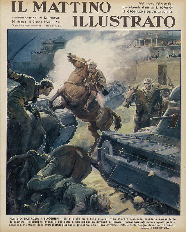 1938年意大利荒诞画作：中国骑兵刀砍日本坦克