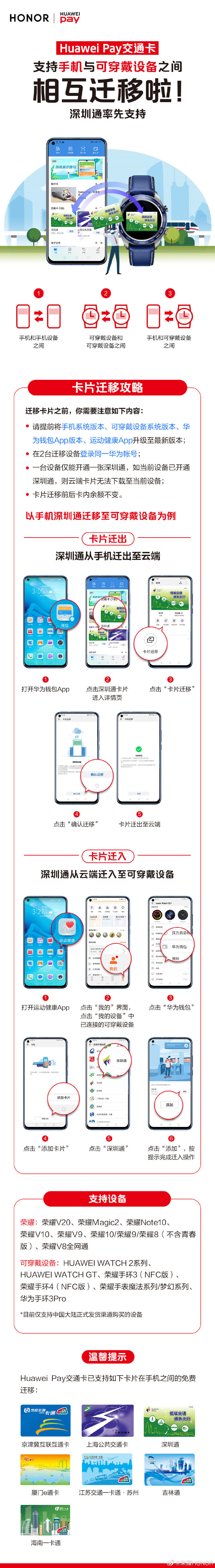 华为公司Huawei Pay公共交通卡重磅消息升级：适用手机上与智能穿戴设备间转移