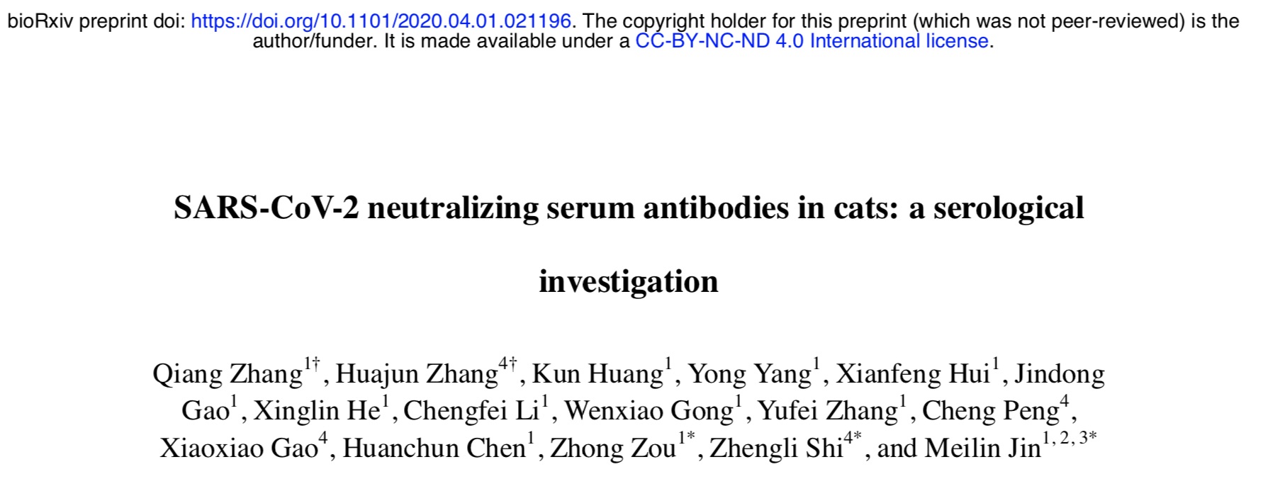 石正丽等人新研究：武汉的猫群感染了新冠病毒，可能由人传播