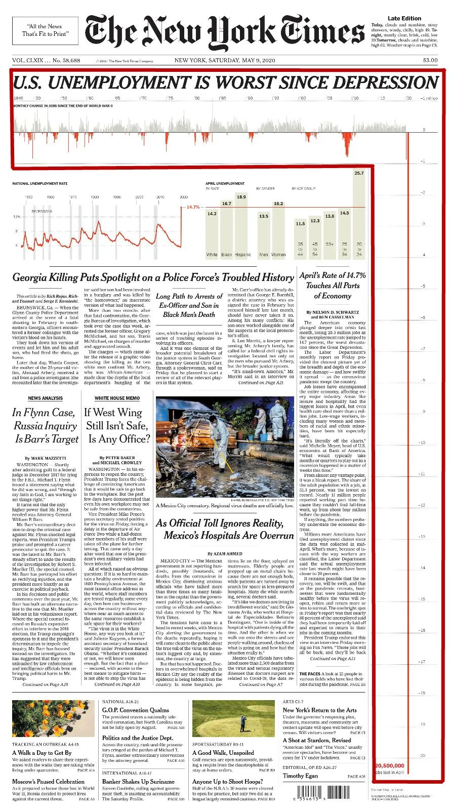 《纽约时报》头版展示美国失业率，版面差点塞