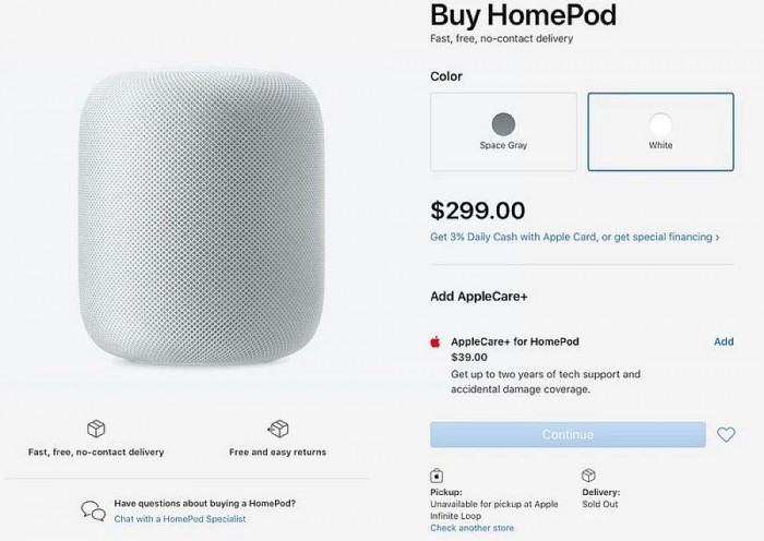 iPhone美国官网显示信息HomePod已售罄 或受供应链管理危害