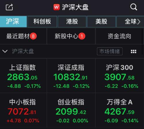 沪指低开0.17%报2863.05点，1217股上涨