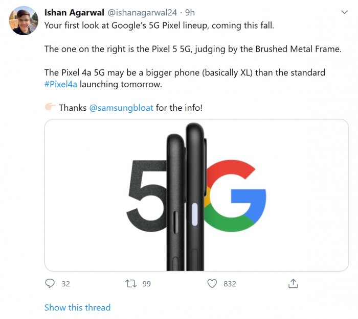 Google曝料者暗示着将会出现5G版Pixel 5和Pixel 4a