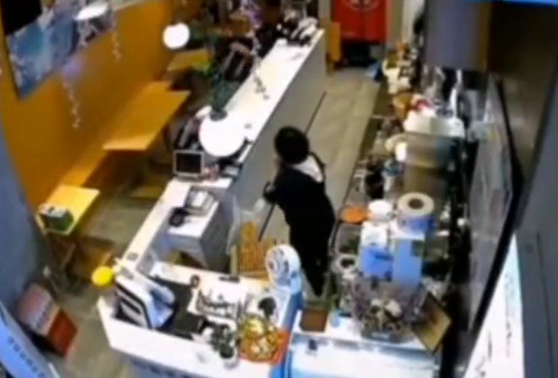 南京一野猪闯进奶茶店吓坏女店员 惊声尖叫一跃翻出柜台