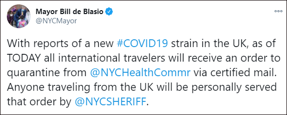 纽约市市长下令，要求所有来自英国的旅客强制隔离