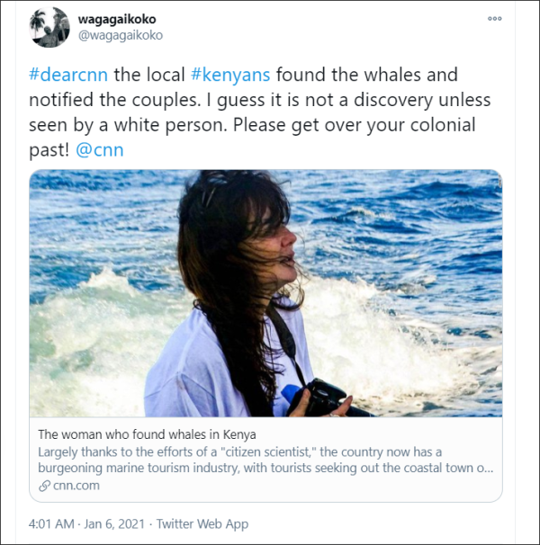 CNN稱這位白人在肯尼亞“找到”了鯨魚，當(dāng)?shù)鼐W(wǎng)民怒了