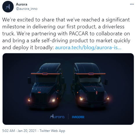自动驾驶创企Aurora宣布与重型卡车公司Paccar合作