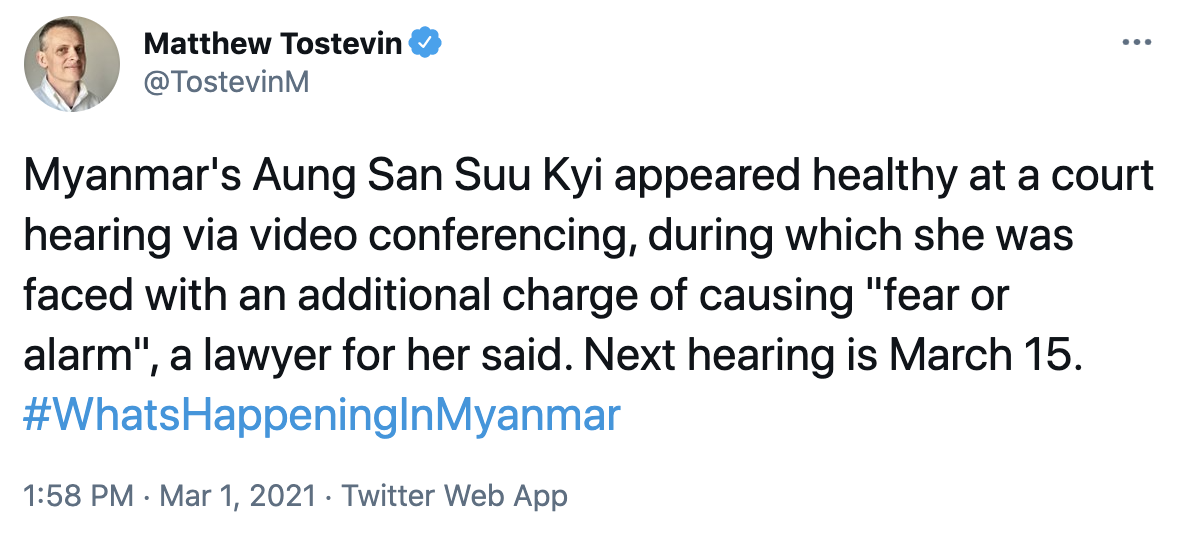 律师：昂山素季以视频方式出庭身体无碍，面临