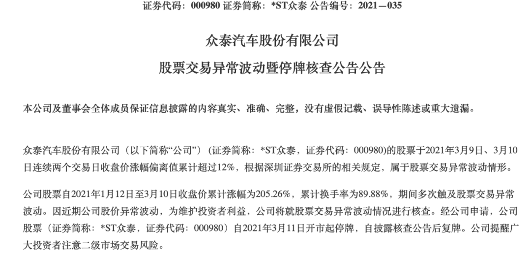 停牌核查重出江湖！37天27个涨停，*ST众泰离奇暴涨，“妖股”炒作何时休？