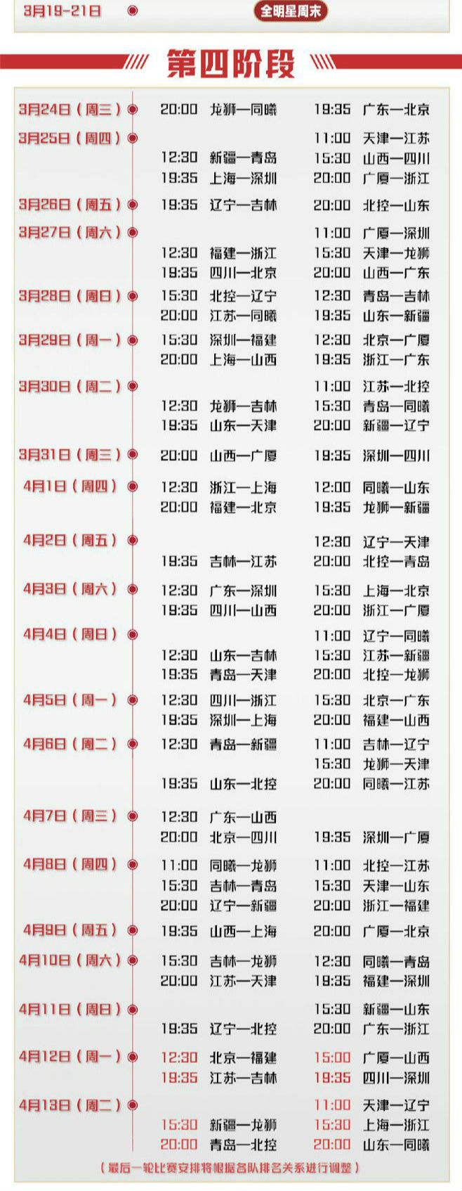 cba第四阶段赛程安排时间表对阵名单 将
