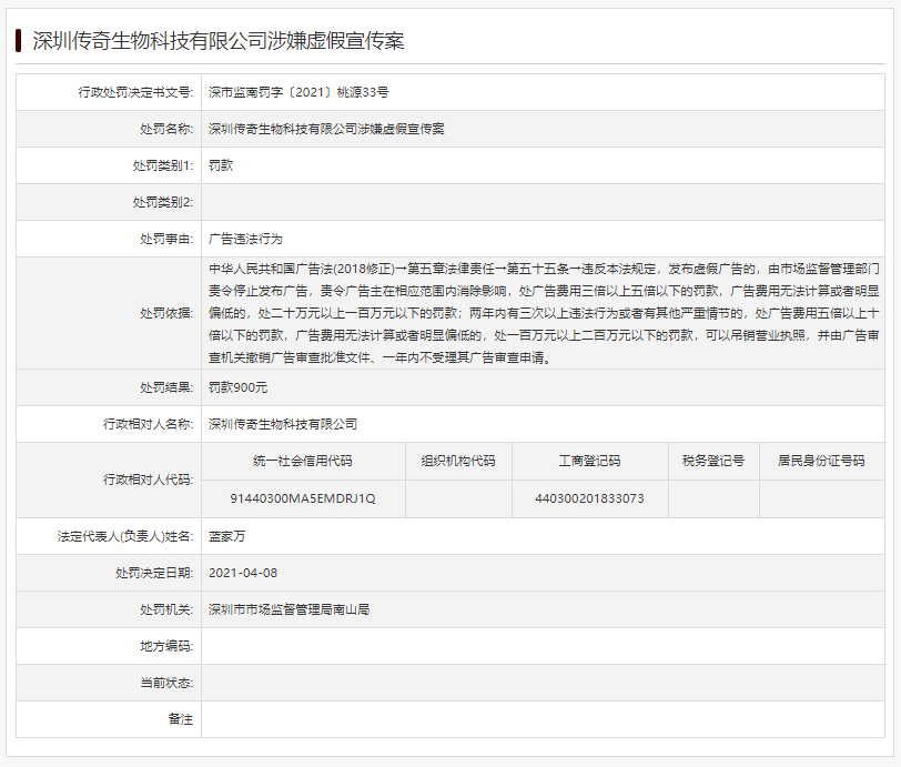 深圳传奇生物科技公司“虚假宣传”被罚