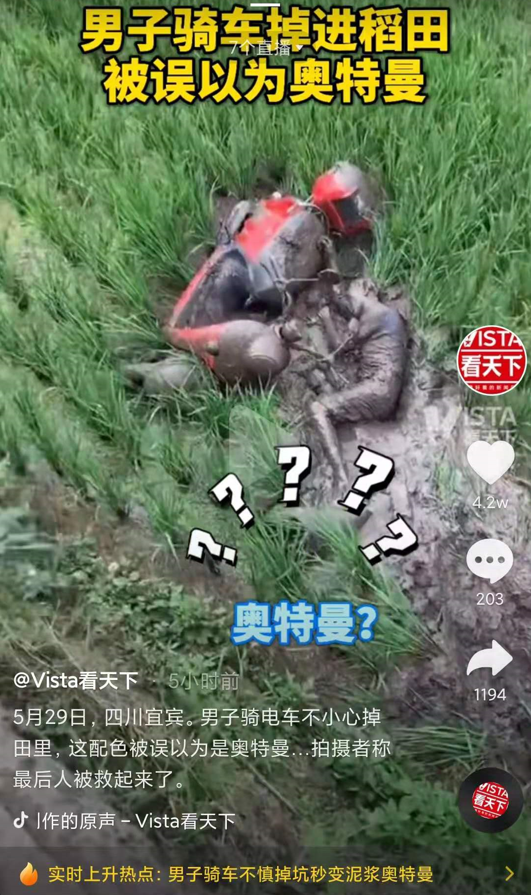 男子骑车掉进稻田被误以为是奥特曼这么落魄的奥特曼还真是第一次见