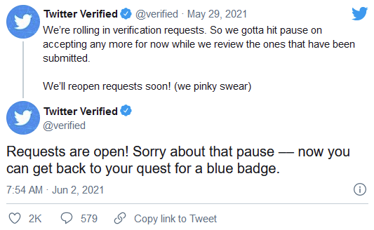 Twitter重新开始接受蓝色验证徽章的验证请求