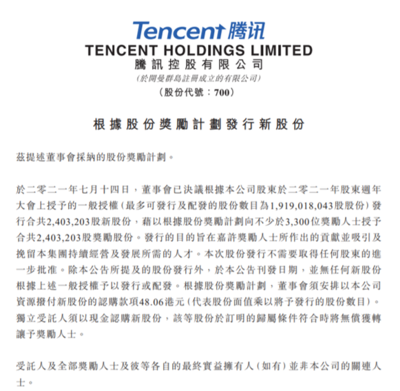 腾讯授予员工11亿元股票，3300名员工每人得34万元人民币
