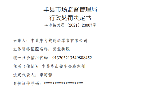 丰县康力健药品零售有限公司销售&ldquo;劣药&rdquo;被处罚款15万元