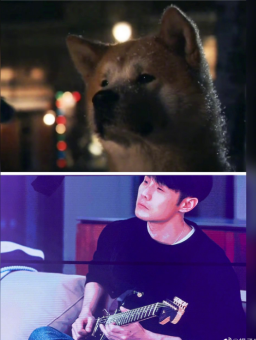 照片中,李荣浩身着黑色短袖,手里抱着一把吉他,头微微倾斜抬高,眼睛看