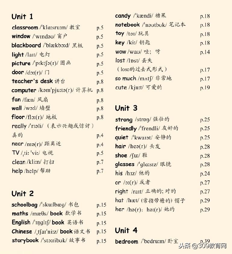 人教pep版小学英语四年级上册单词词汇录音朗读mp3