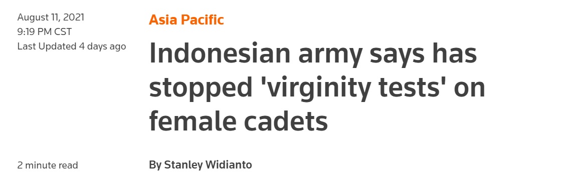 只有处女才能当兵。56年来，这项规定害惨了无数印尼女性