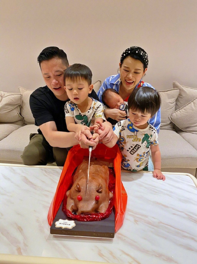 胡杏儿老公与俩儿子穿亲子装，奕霆奕霖一个像爸一个像妈萌翻了