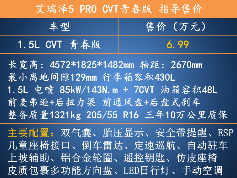 不到7万元的紧凑型三厢轿车 艾瑞泽5 PRO CVT青春版配置解析