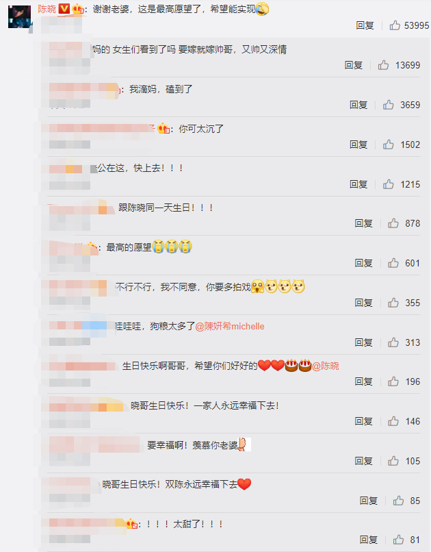 陈妍希晒父子照为老公庆生，看清陈晓的回应，夫妻感情如何很显然