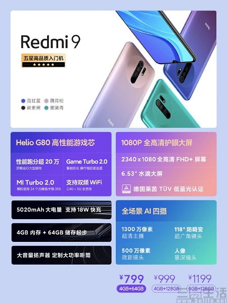 Redmi 9今天宣布公布，起市场价仅为799元