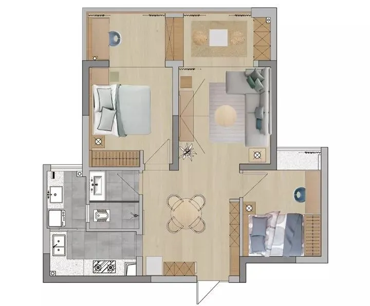 日式原木70m²婚房，住得像200m²，阳台茶室美得不像话