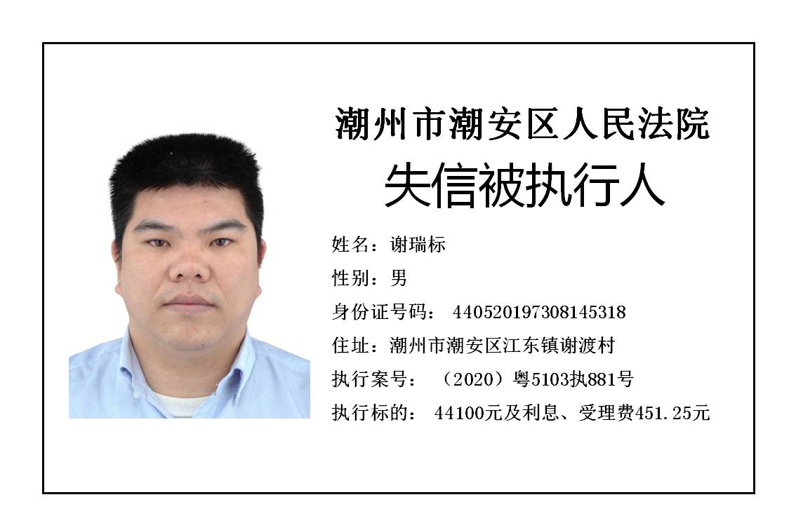 潮州市潮安区人民法院发布2020年第五批失信被执行人公告