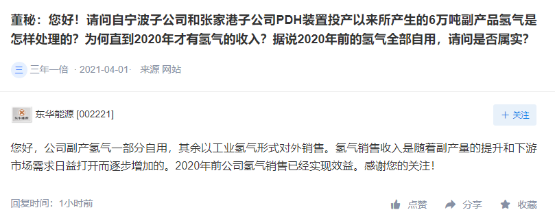 东华能源副产氢气一部分自用，其余以工业氢气形式对外销售