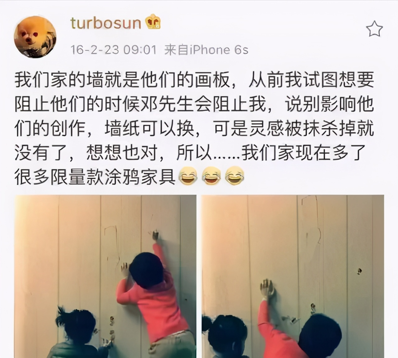 孫儷放任孩子在牆上塗鴉，多少父母還不知道孩子自由繪畫的好處