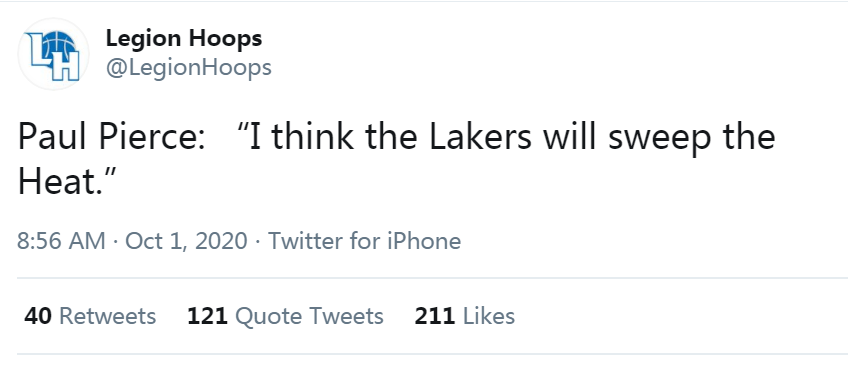 新一波毒奶來襲！被問到總冠軍賽結局預測，皮爾斯長歎一口氣：湖人4-0橫掃熱火！-黑特籃球-NBA新聞影音圖片分享社區