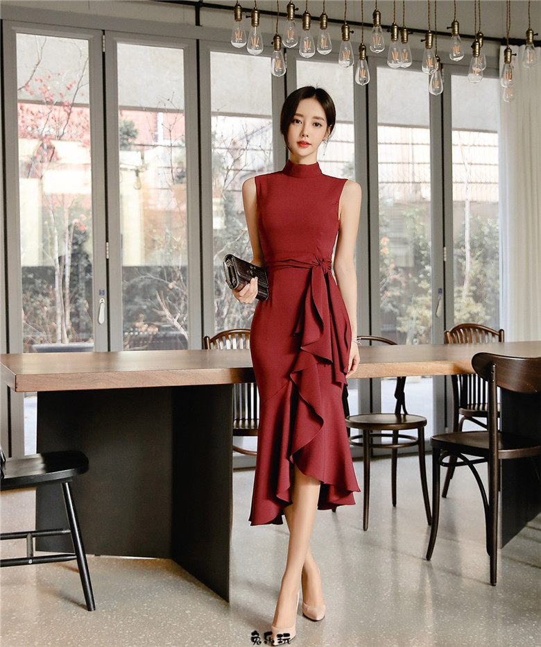 孙允珠：美酒枣红佛拉明哥曼妙无袖裙