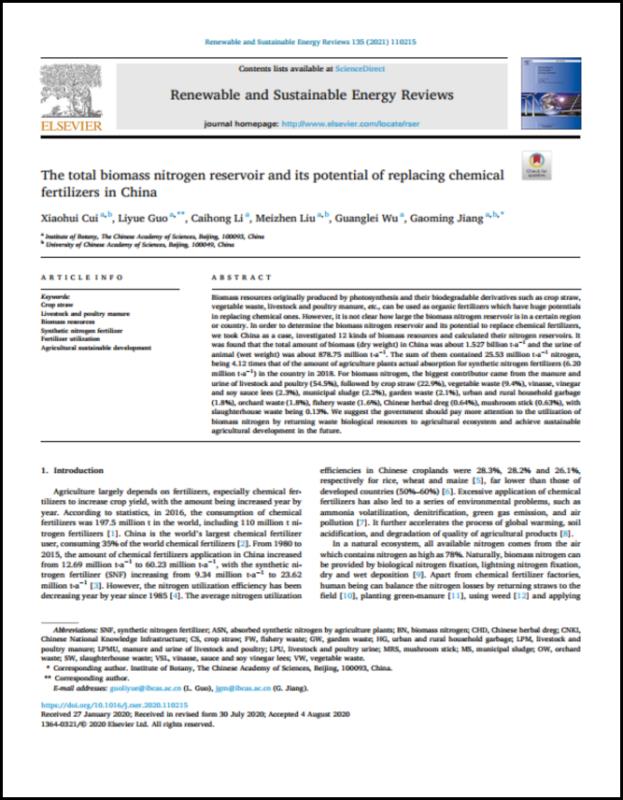 中国生物质总氮库及其替代化肥的潜力