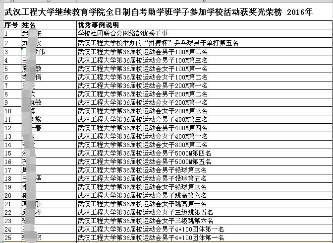 武汉工程大学高等教育全日制本科助学班 参加校级活动荣誉榜