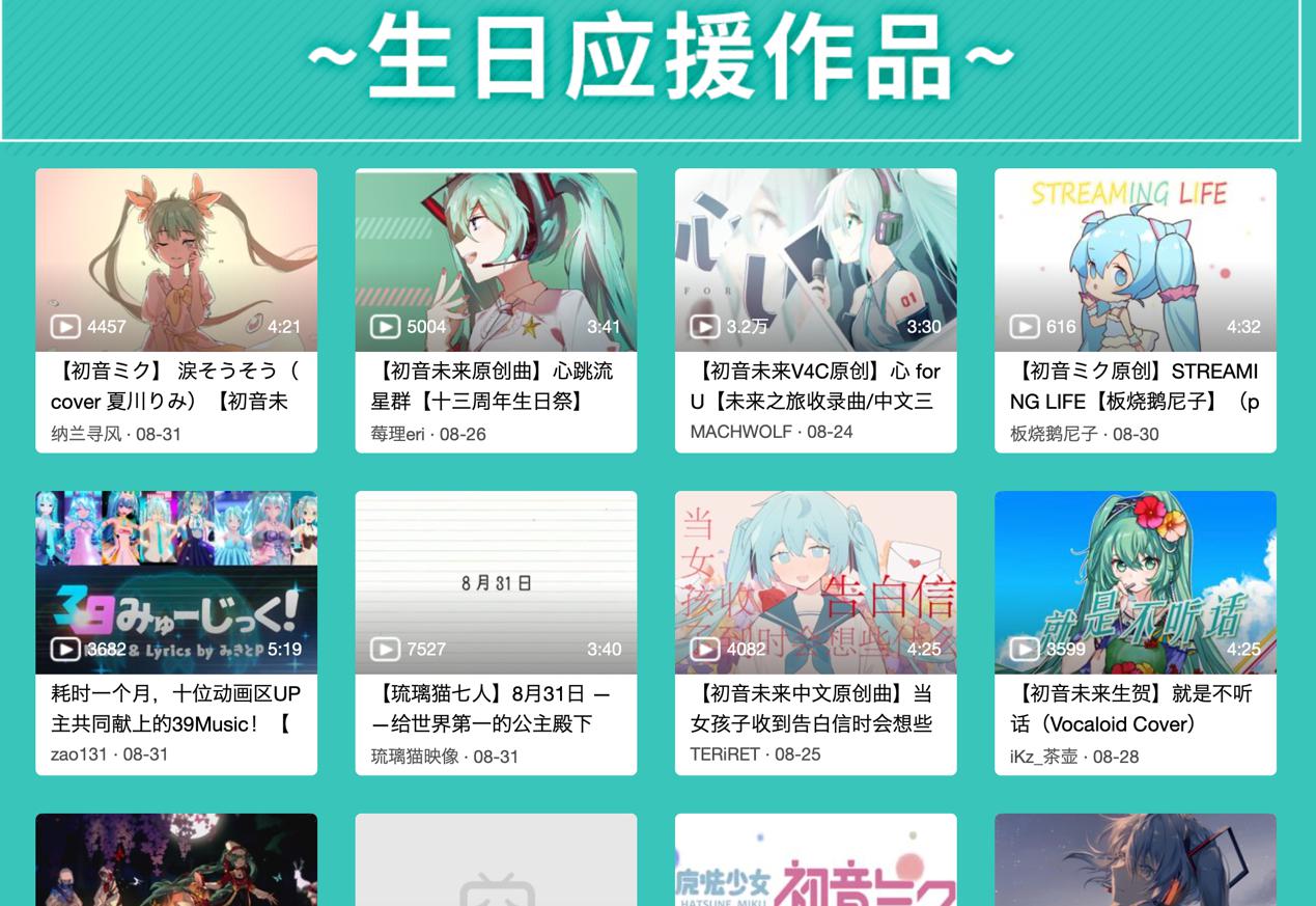 初音未來13歲生日快樂，B站為其慶生，動畫區UP主送上祝福