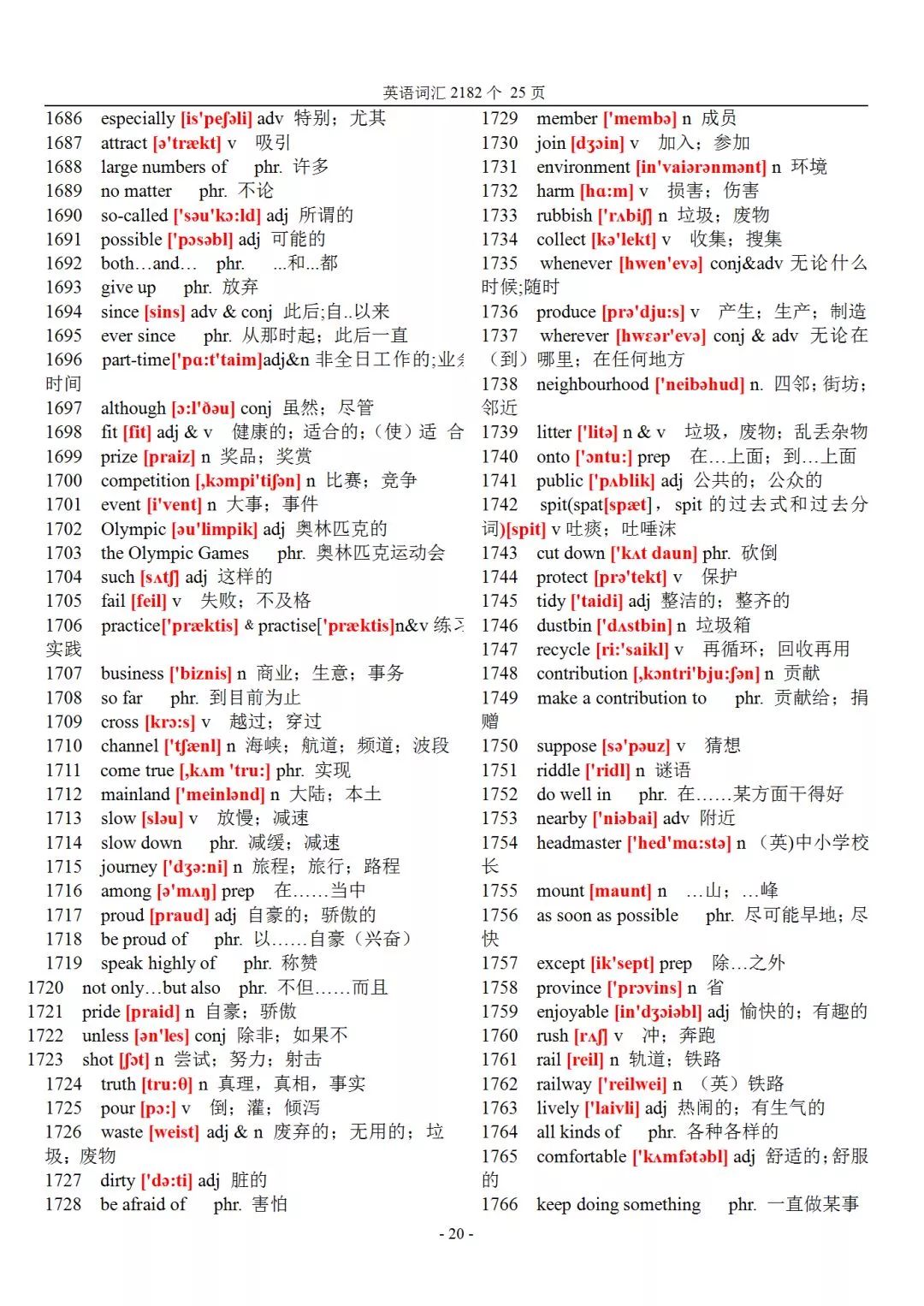 初中英语2182个基本词汇+音标