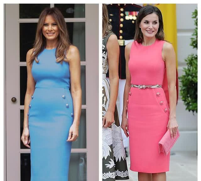 梅拉尼娅穿衣罕见翻车！裹身蓝裙勒出圆鼓鼓肚腩，坐下都有游泳圈