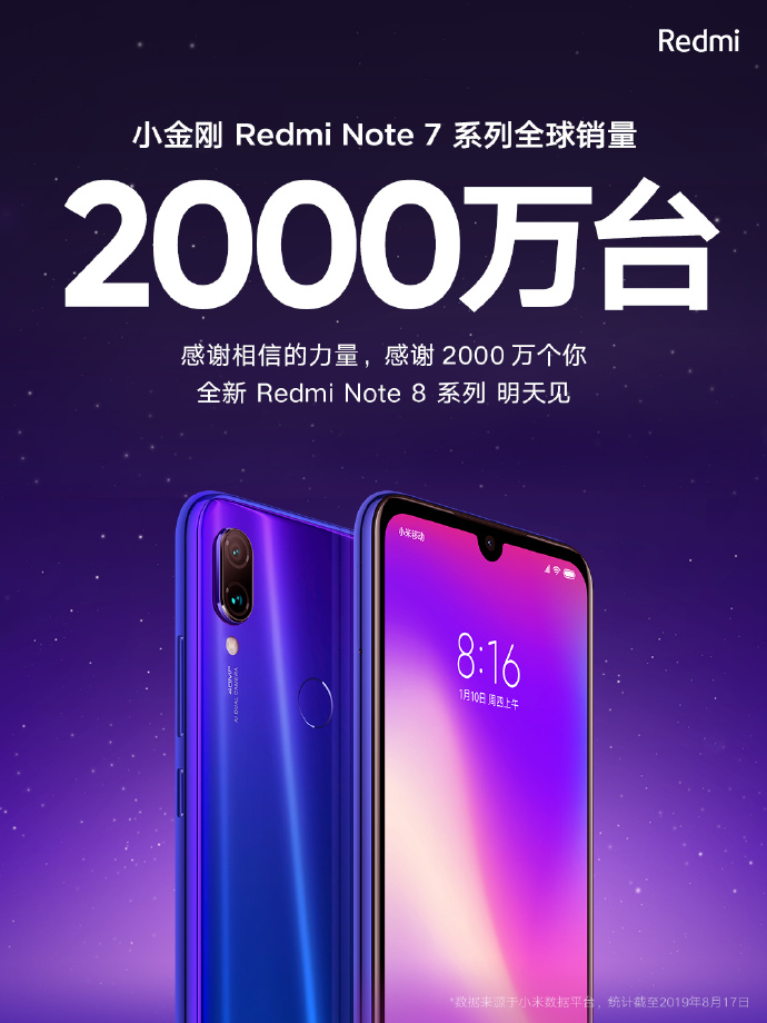 Redmi官方网公布：全新升级红米noteNote 8，8月21日见