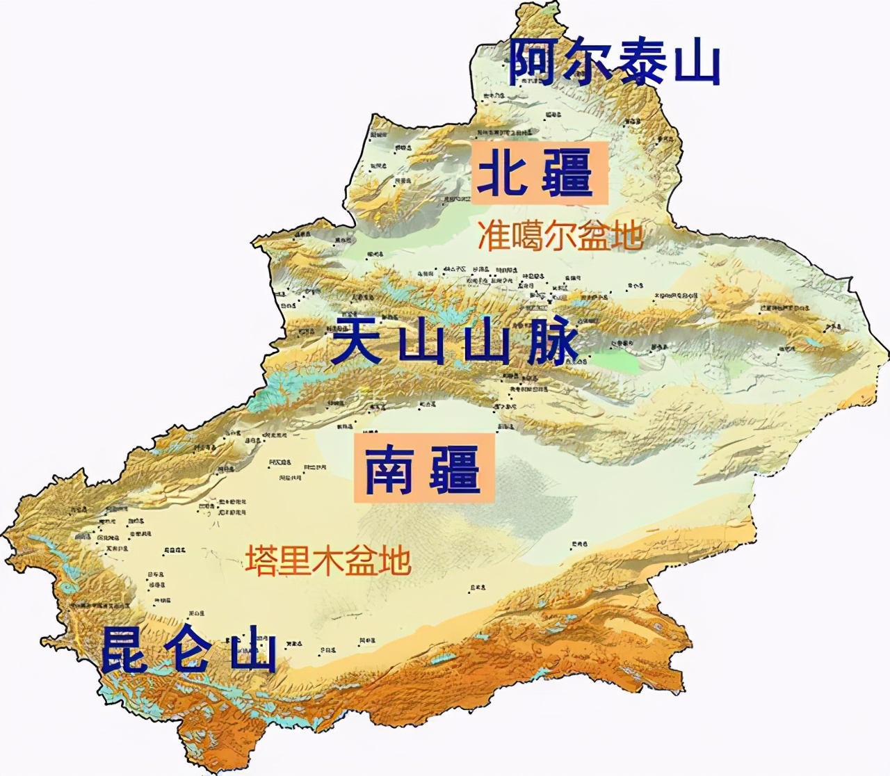 新疆北部为阿尔泰山,南部为昆仑山脉,中部为天山山脉