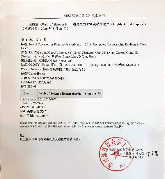 江西省人民医院影像科论文入选esi高被引论文
