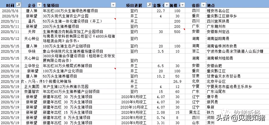 2020年生猪养殖投资情况梳理