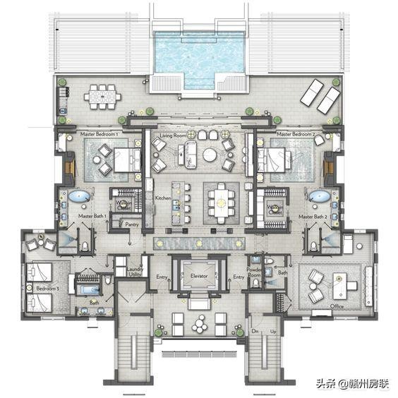 有天有地有泳池！480平的大平层布局上完全对称，看着就很养眼