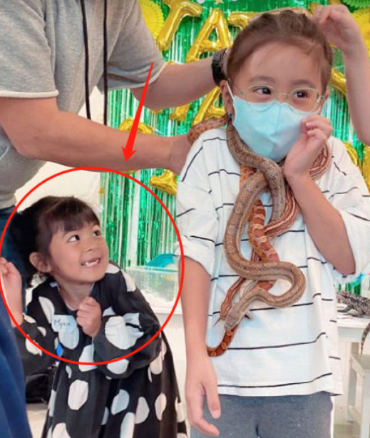 賈靜雯大女兒徒手抓蛇，脖子上直接掛兩條，一旁波妞嚇到直躲開