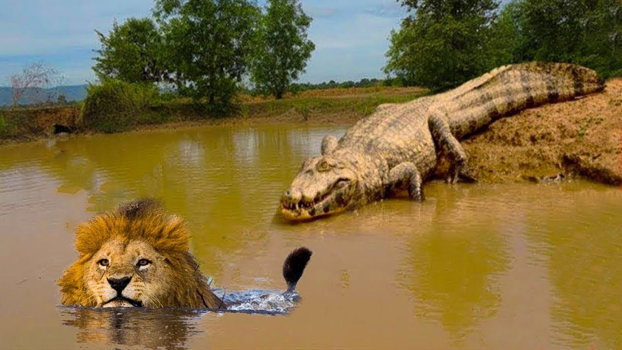 Attack between lion and crocodile.