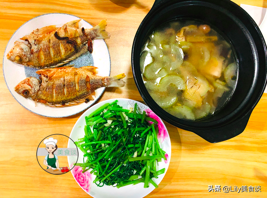 图片[5]-晚餐做法：蒜蓉炒空心菜+香煎立鱼+鸡腿节瓜汤-起舞食谱网