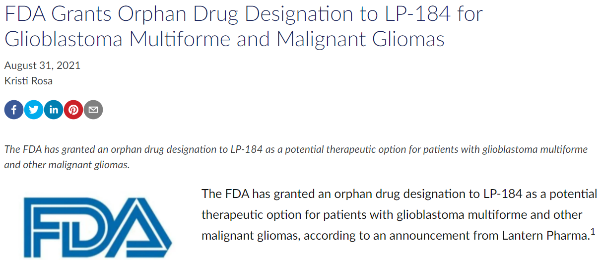 FDA授予LP-184孤儿药称号，作为多形性胶质母细胞瘤及其它恶性胶质瘤患者的潜在治疗选择