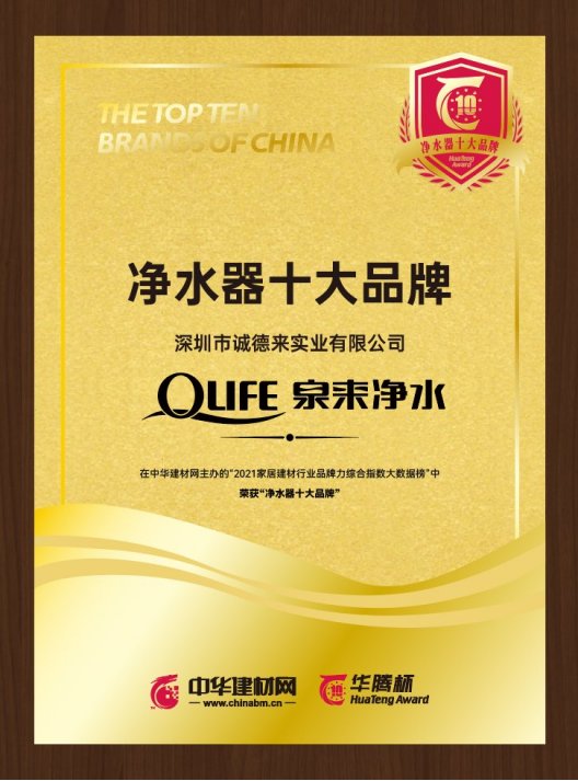 泉来净水器排名第几？荣获华腾杯2021净水器十大品牌，荣耀上榜