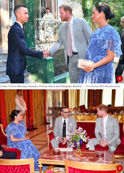 梅根水蓝度假风晚装访问摩洛哥王室，与哈里全程派狗粮甜到牙都掉