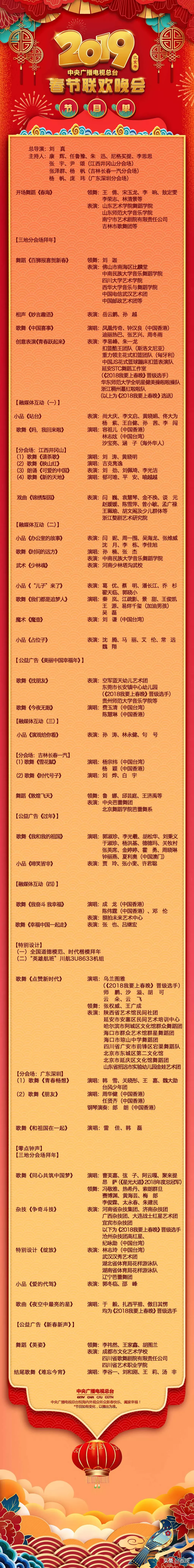 央视春晚节目单公布：葛优蔡明同台演小品，成龙陈伟霆邓伦合唱