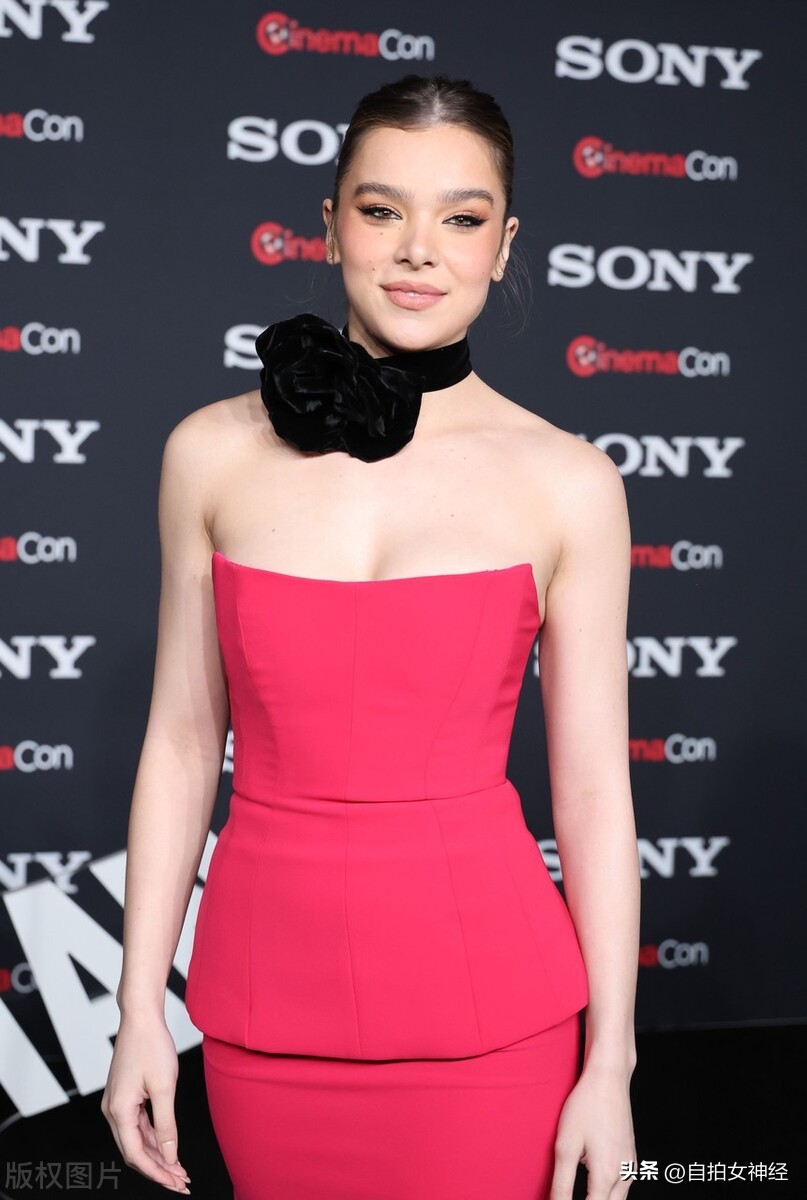 Hailee Steinfeld wears a rose red tube top + rose red half skirt ...